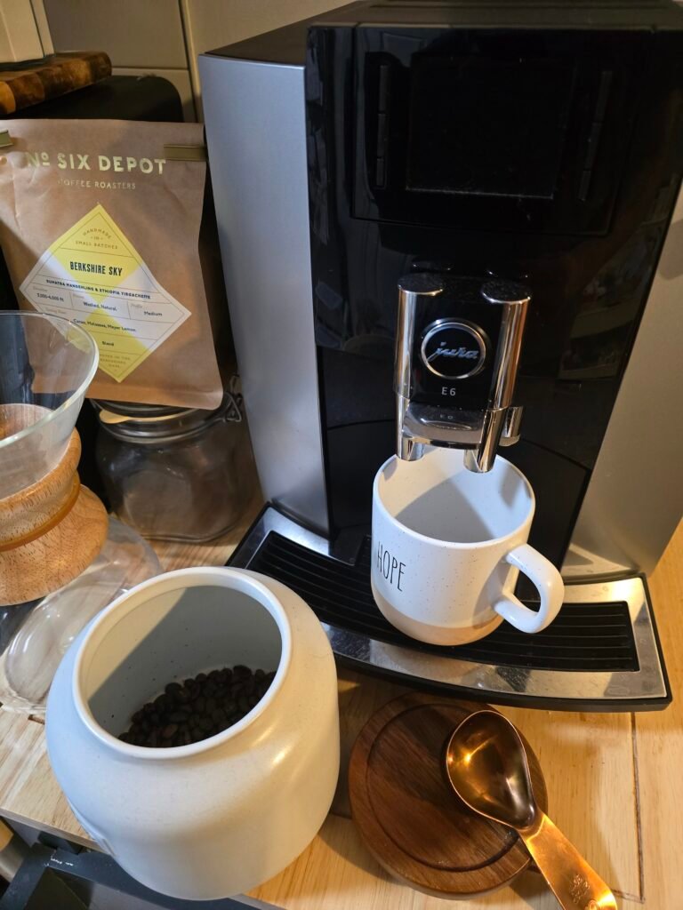 As of today, our home coffee station featuring a Jura espresso machine, Chemex pour-over, and fresh Six Depot coffee beans.