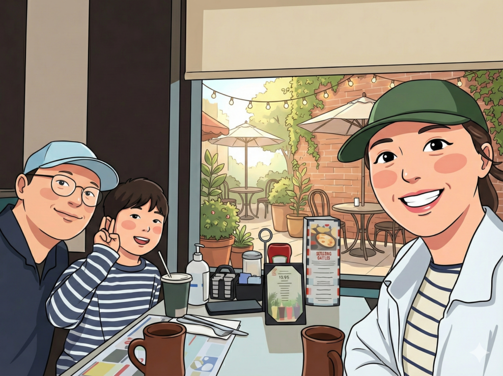 The Bae family sharing a warm moment over coffee